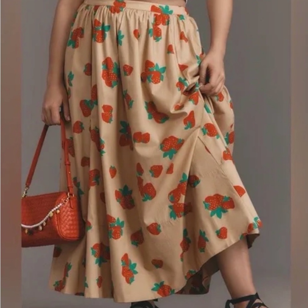 Maeve Tan Skirt with Red Strawberry Print